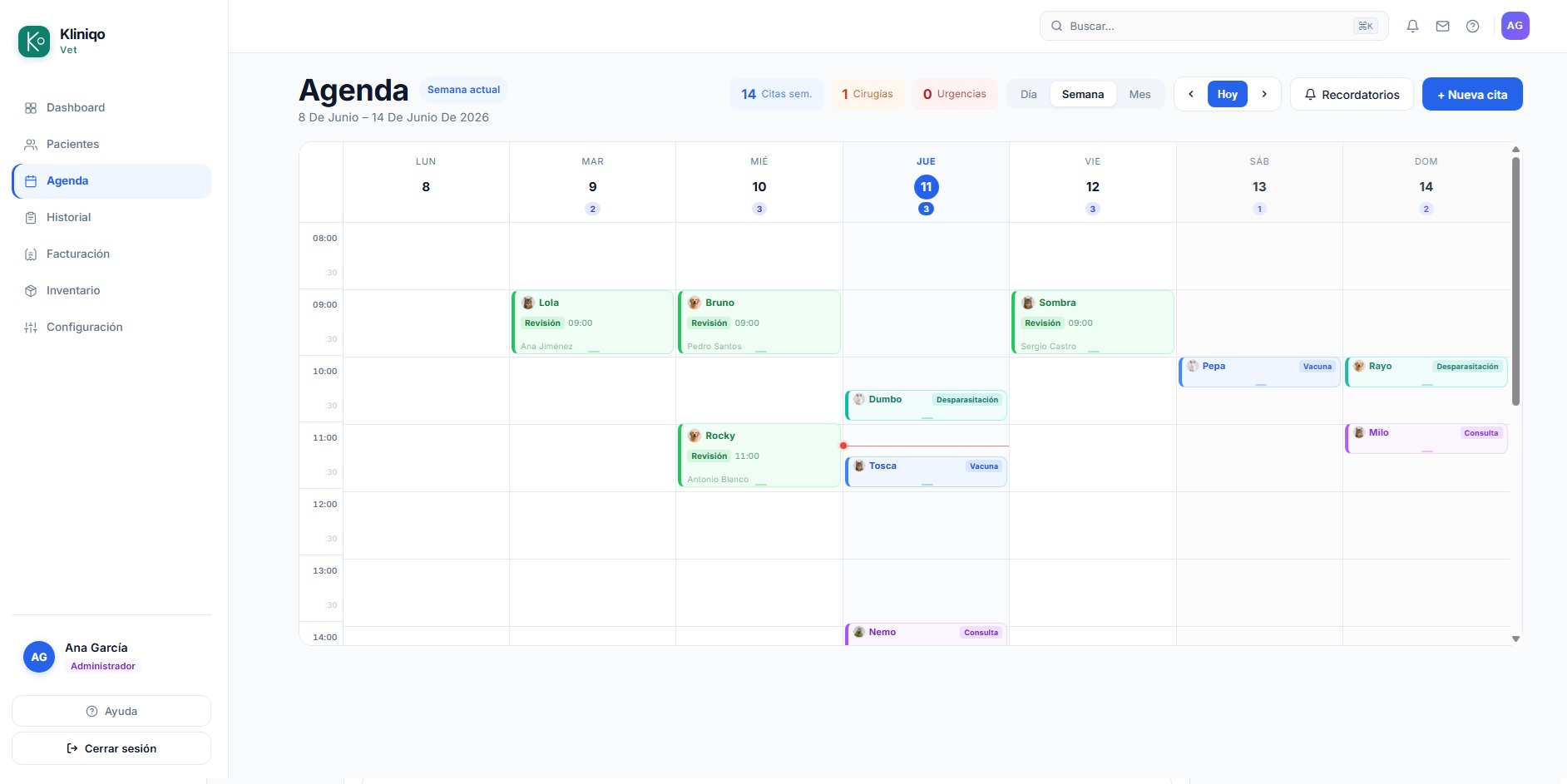 Kliniqo Vet — Agenda real