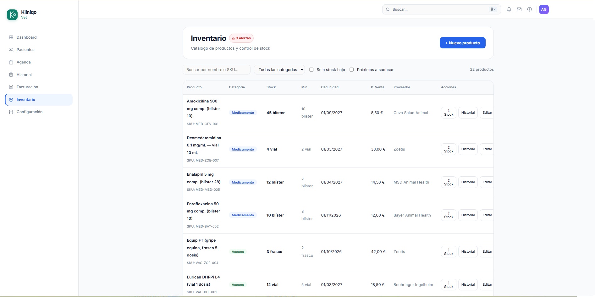 Kliniqo Vet — Inventario real